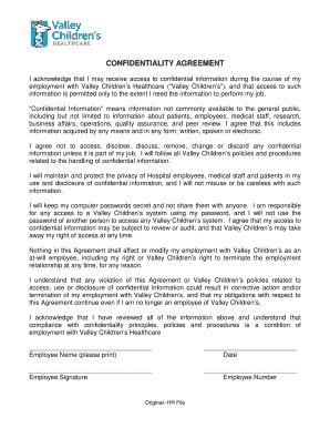 Confidentiality Agreement for Valley Children's Healthcare
