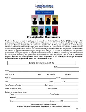 Youth Workforce Center Pre-Application Questionnaire