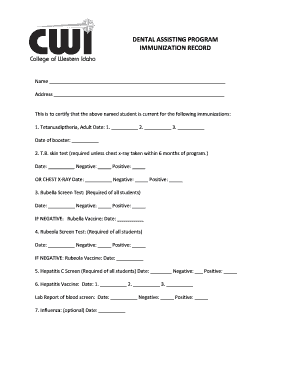 Dental Assisting Program Immunization Record