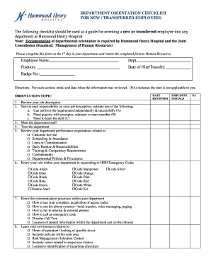 Hammond Henry Hospital Employee Orientation Checklist