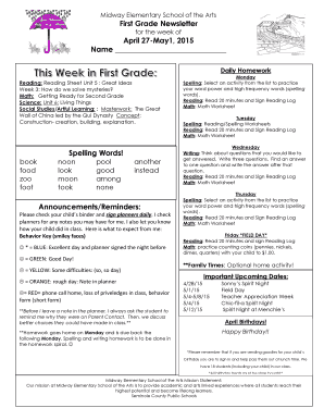 First Grade Homework and Announcements