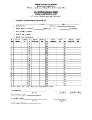 HIV Sentinel Surveillance Sample Transportation Sheet