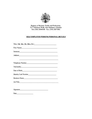 Self Employed Persons Personal Details Form