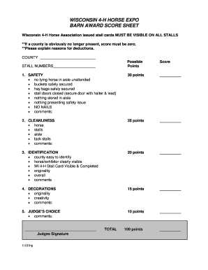 Wisconsin 4-H Horse Expo Barn Award Score Sheet
