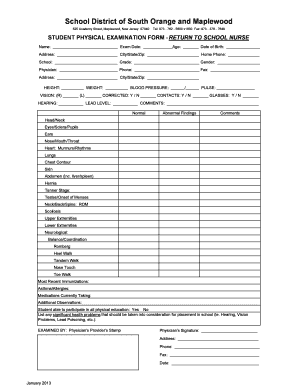Student Physical Examination Form