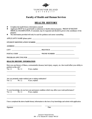 Health History Form for Health-Related Programs