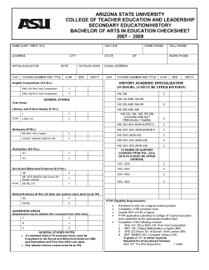 Arizona State University Bachelor of Arts in Education Checksheet