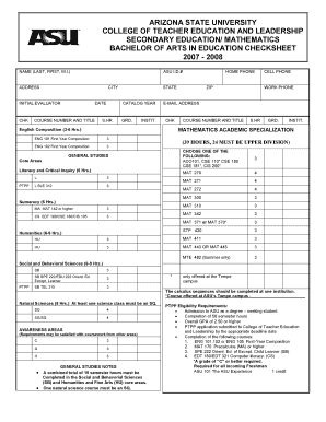 Arizona State University Bachelor of Arts in Education Checksheet
