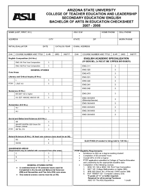 Arizona State University Bachelor of Arts in Education Checksheet