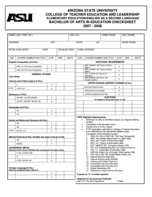 Arizona State University Bachelor of Arts in Education Checksheet