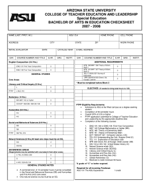 Arizona State University Bachelor of Arts in Education Checksheet