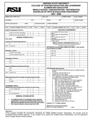 Arizona State University Education Checksheet