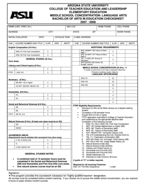 Arizona State University Education Checksheet