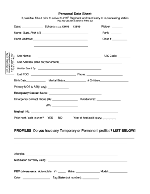 Personal Data Sheet for 218th Regiment