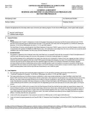 USDA Lender's Agreement for Business and Industry Guaranteed Loan Program