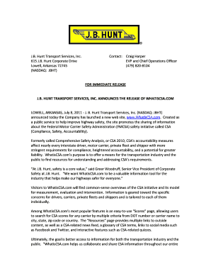 FOR IMMEDIATE RELEASE JB HUNT TRANSPORT SERVICES INC