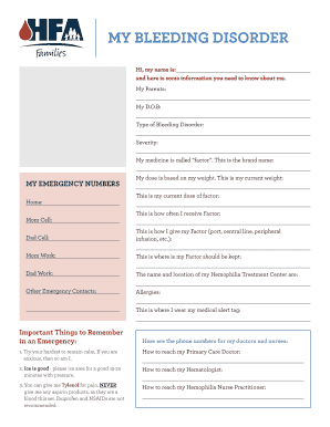 Hemophilia Emergency Information Form