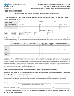 University of Texas Southwestern Medical Center Student Health Insurance Enrollment Form