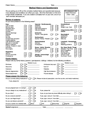 Medical History and Questionnaire