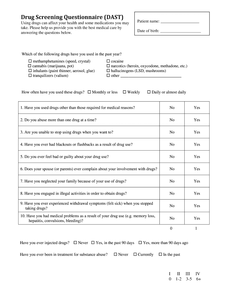 Fillable Online Drug Screening Questionnaire DAST Fax Email Print
