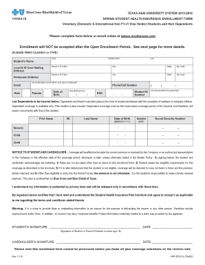 Texas A&M University System 2015-2016 Spring Student Health Insurance Enrollment Form
