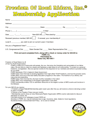 Freedom of Road Riders Membership Application
