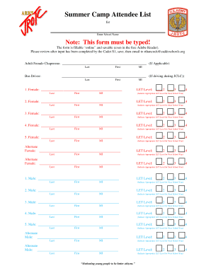Summer Camp Attendee List Form