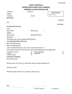South Australia Personal Injury Particulars Form 22