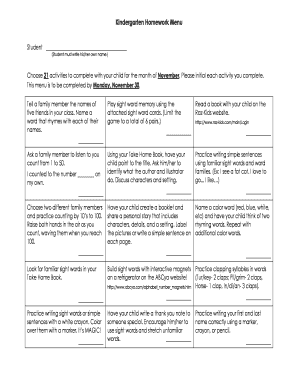 Kindergarten Homework Menu