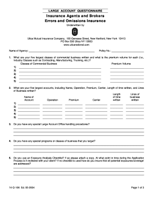 Large Account Questionnaire for Insurance Agents