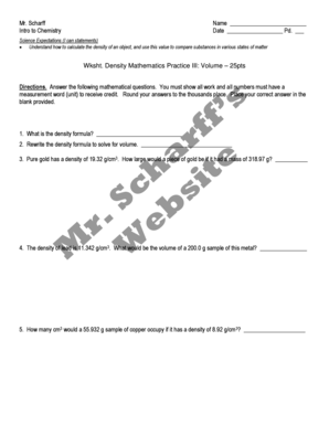 Chemistry Density Mathematics Practice Worksheet