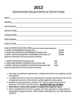 Songwriters Search Official Entry Form