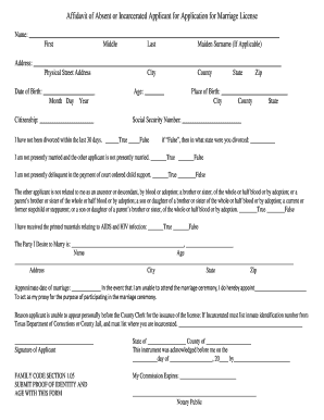 Affidavit of Absent or Incarcerated Applicant for Marriage License
