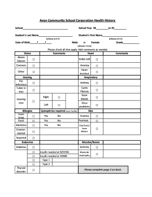 Avon Community School Health History Form