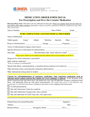 Massachusetts School Medication Order Form