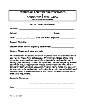 Permission for Temporary Services and Consent for Evaluation