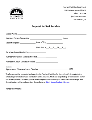 Request for Sack Lunches Form