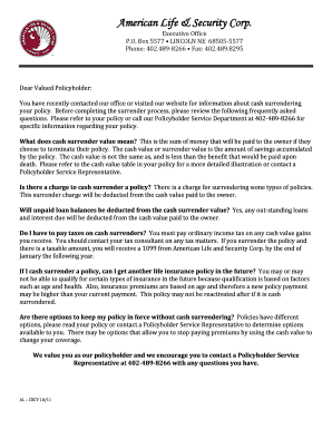 Life Insurance Policy Cash Surrender Request
