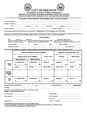 Houston Backflow Prevention Assembly Test Report