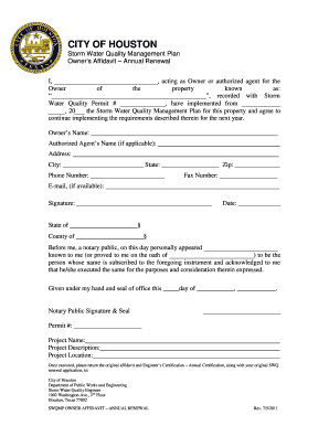 City of Houston Storm Water Quality Management Plan Owner's Affidavit