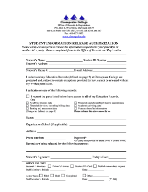 Chesapeake College Student Information Release Authorization