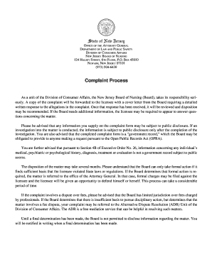 New Jersey Board of Nursing Complaint Form