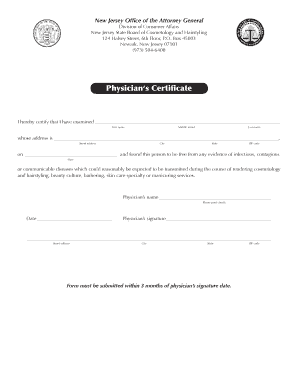 New Jersey Physician's Certificate for Cosmetology