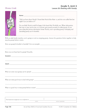 Grade 5 Homework on Dealing with Gossip