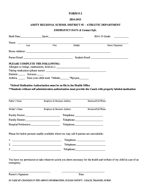 Amity Regional School District Emergency Data Form
