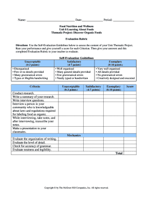 Organic Foods Thematic Project Evaluation Rubric