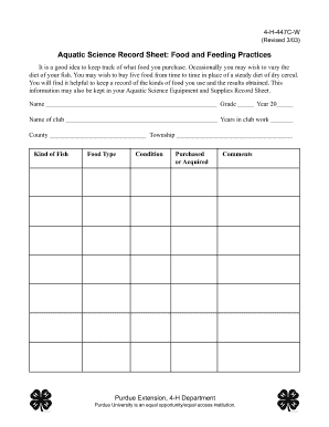 Aquatic Science Food Record Sheet