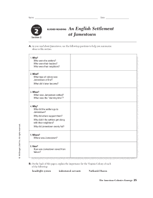Guided Reading An English Settlement At Jamestown Answers - Fill Online,  Printable, Fillable, Blank | pdfFiller