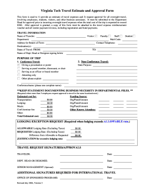 Virginia Tech Travel Estimate and Approval Form