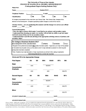 University of Texas at San Antonio Change of Major Form